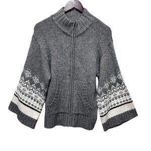 Old Navy Women‎ Cardigan Sweater M Gray Nordic Fair Isle Zip Front Chunky Knit
